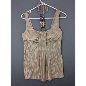BCX Pleated Halter Top Womens Medium Champagne Gold Beaded O-Ring neckline
